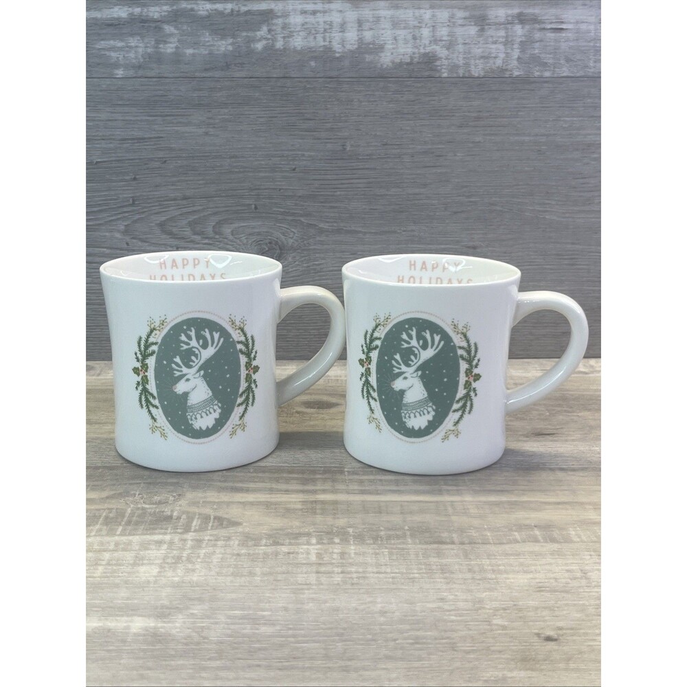 Rudolph Happy Holidays Christmas Mug Pastel Colors Reindeer Coffee Tea Cup Set 2